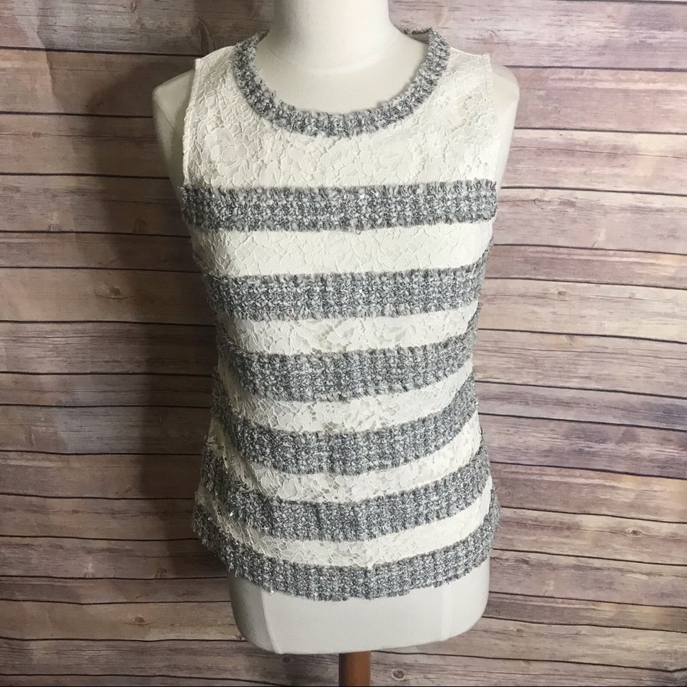 J Crew Fringe tweed lace stripe tank top